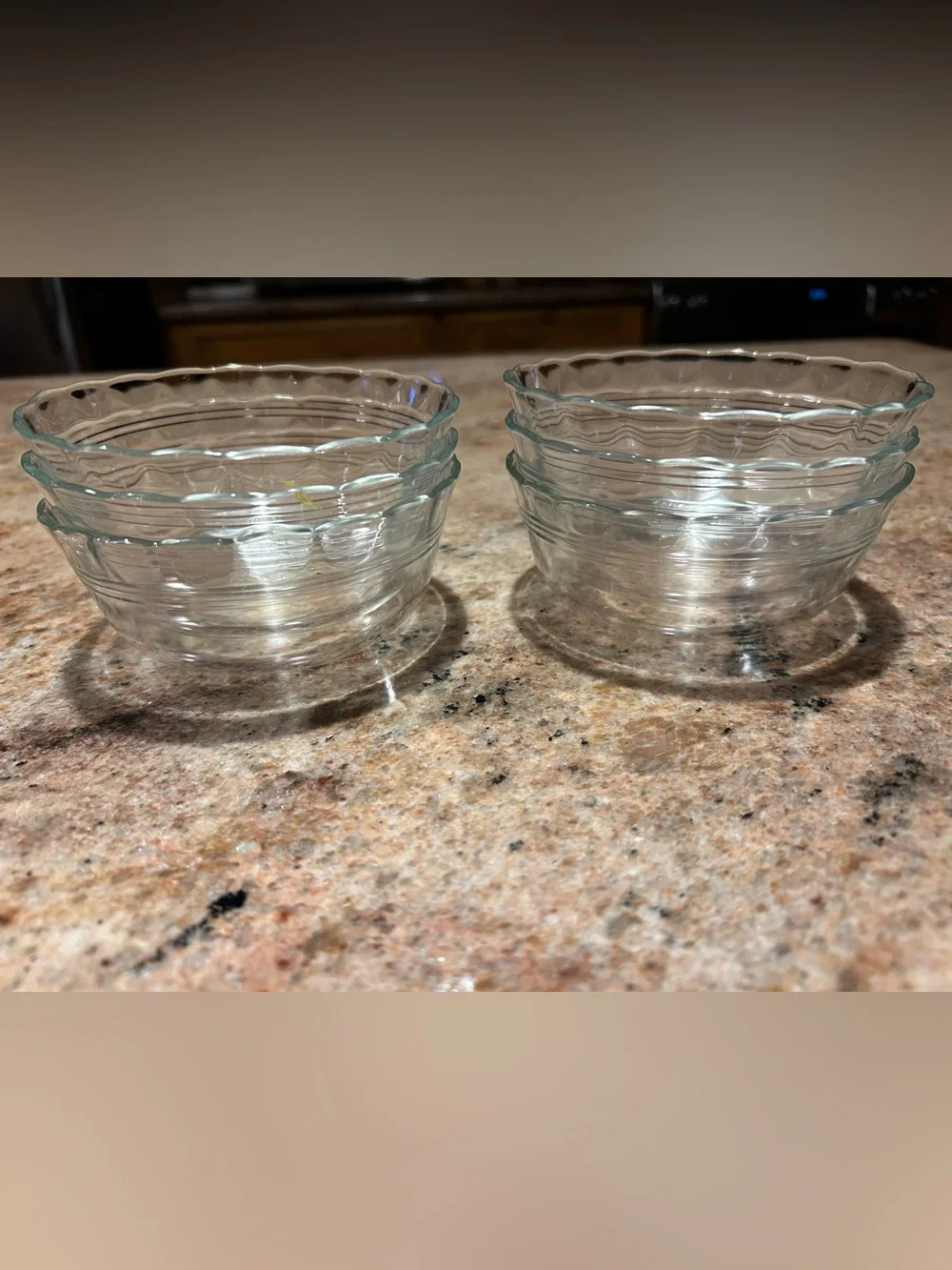 Pyrex #464 10oz Clear Glass Scalloped Edge 3 Ring Band Custard Dishes Set of (6)